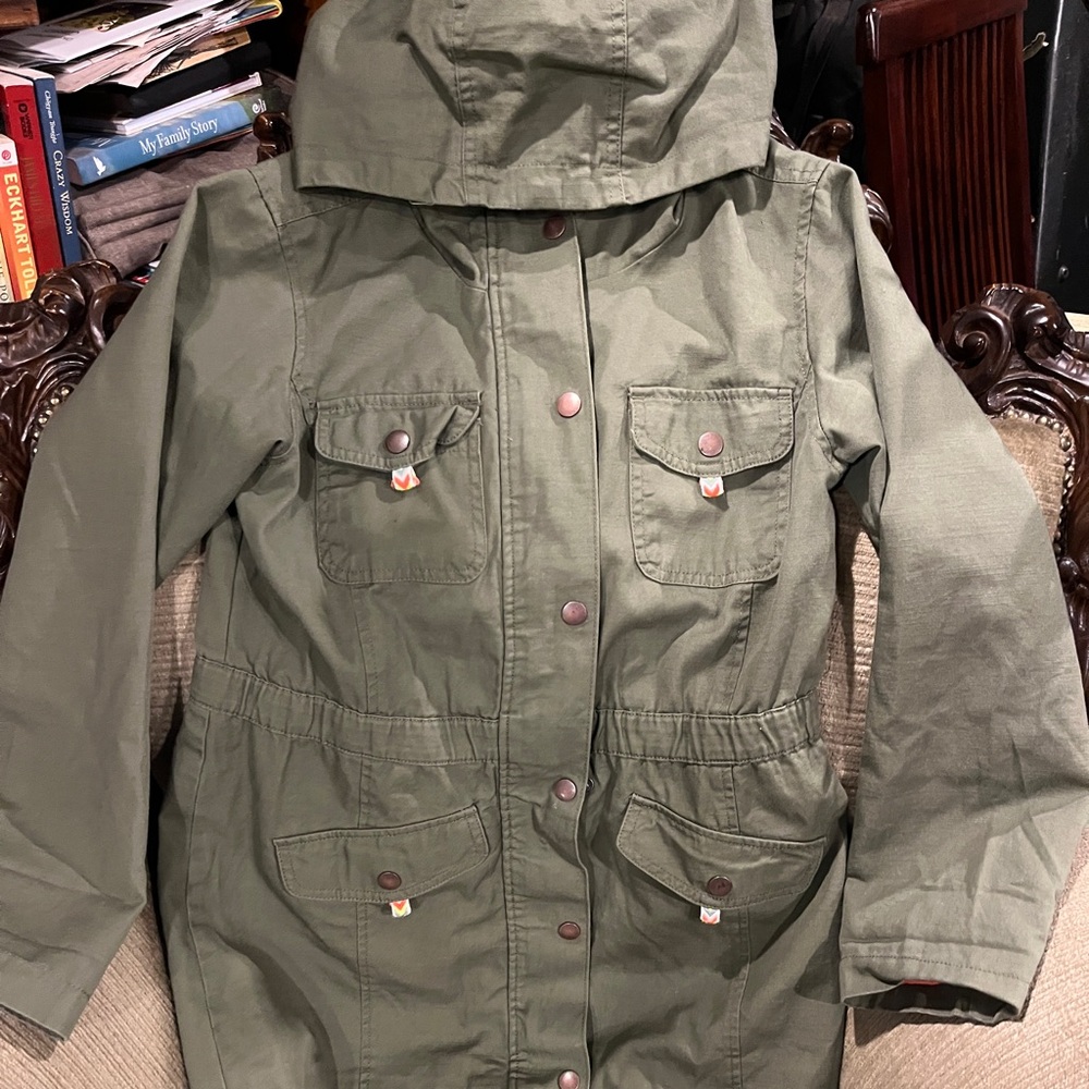Cat & Jack Girls Hooded Jacket.Button/Zip. Olive Green/Coral lining.Size L 10/12